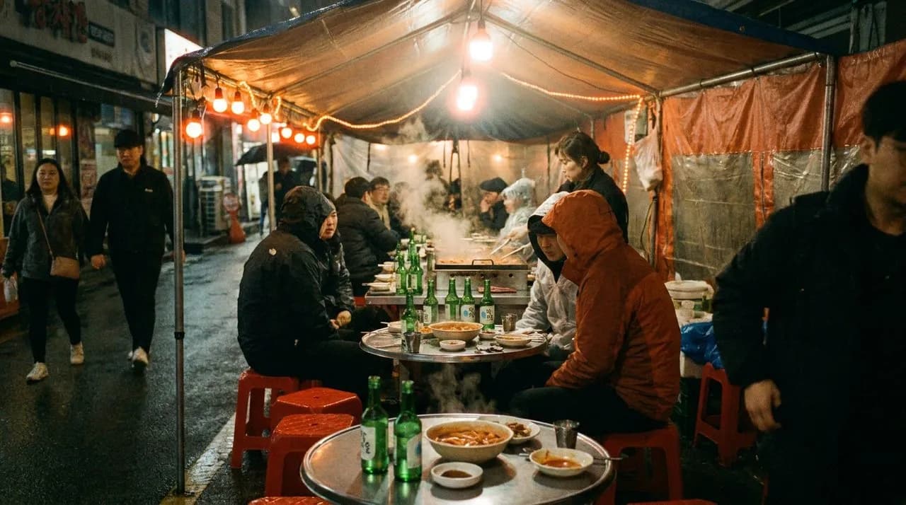 A late-night pojangmacha-style tent bar in Koreatown with soju bottles and warm orange lighting