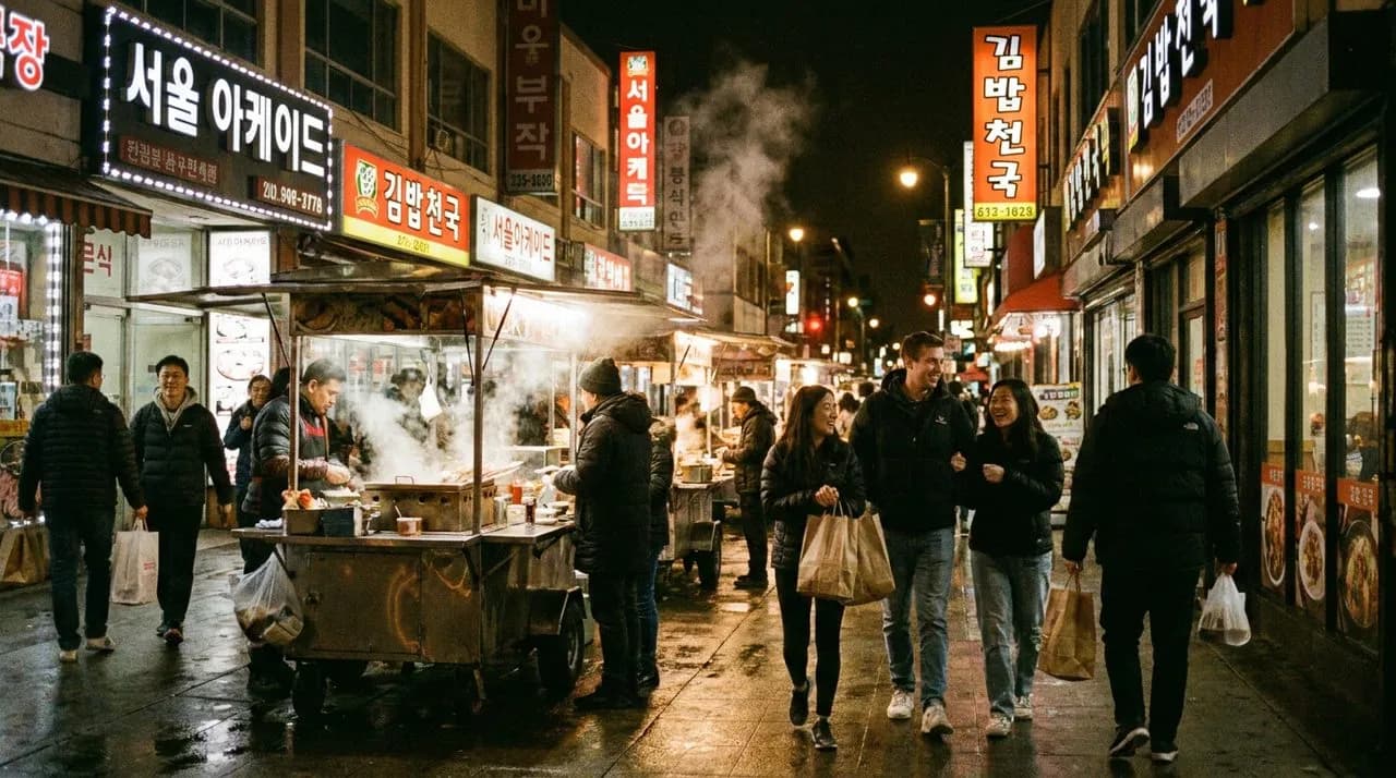 The 32nd Street Koreatown pedestrian strip at night with Korean signage glowing