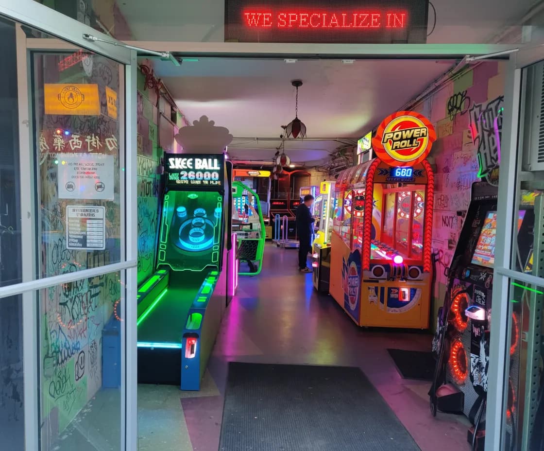 Colorful Chinatown arcade stop for a real-world gaming route