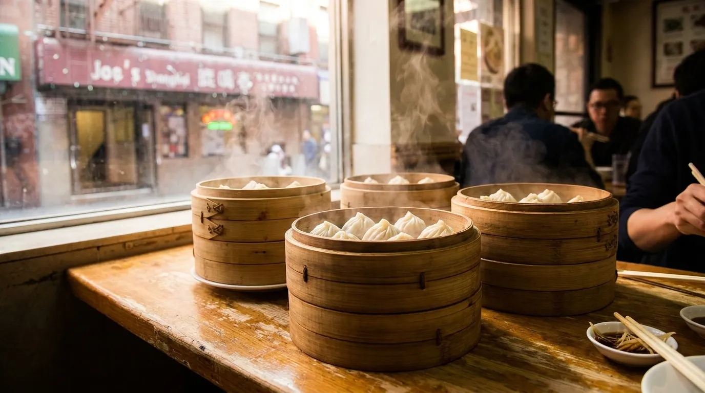 Steamer baskets of soup dumplings on a table at a Chinatown restaurant