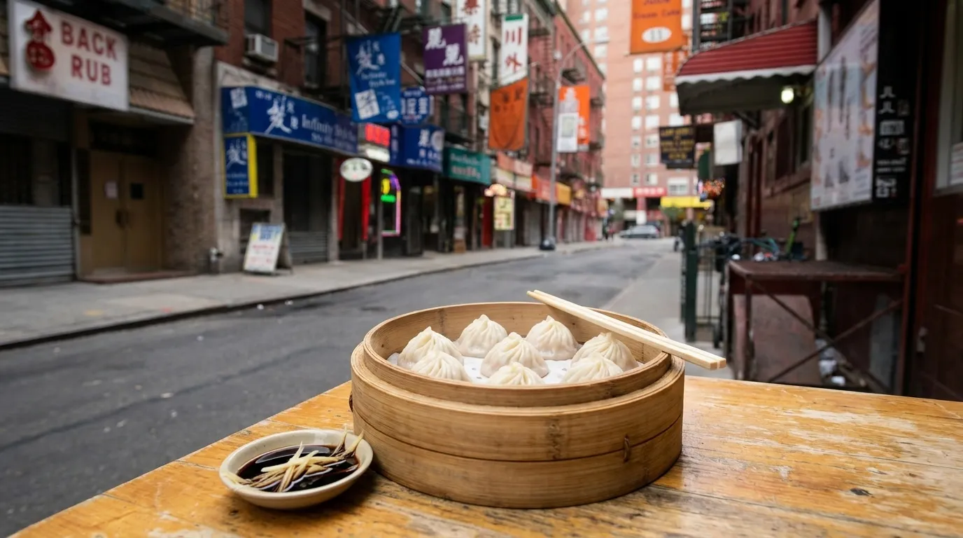 Freshly made soup dumplings in a steamer basket with vinegar and ginger