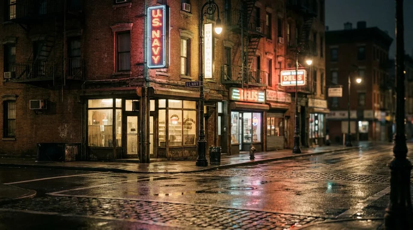 Lower East Side street corner at night with vintage storefronts and dim lighting