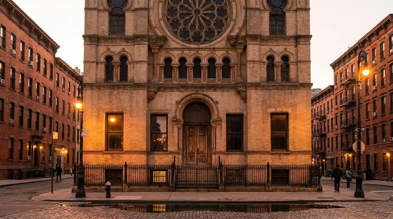 Eldridge Street storefront exterior in Lower East Side at dusk