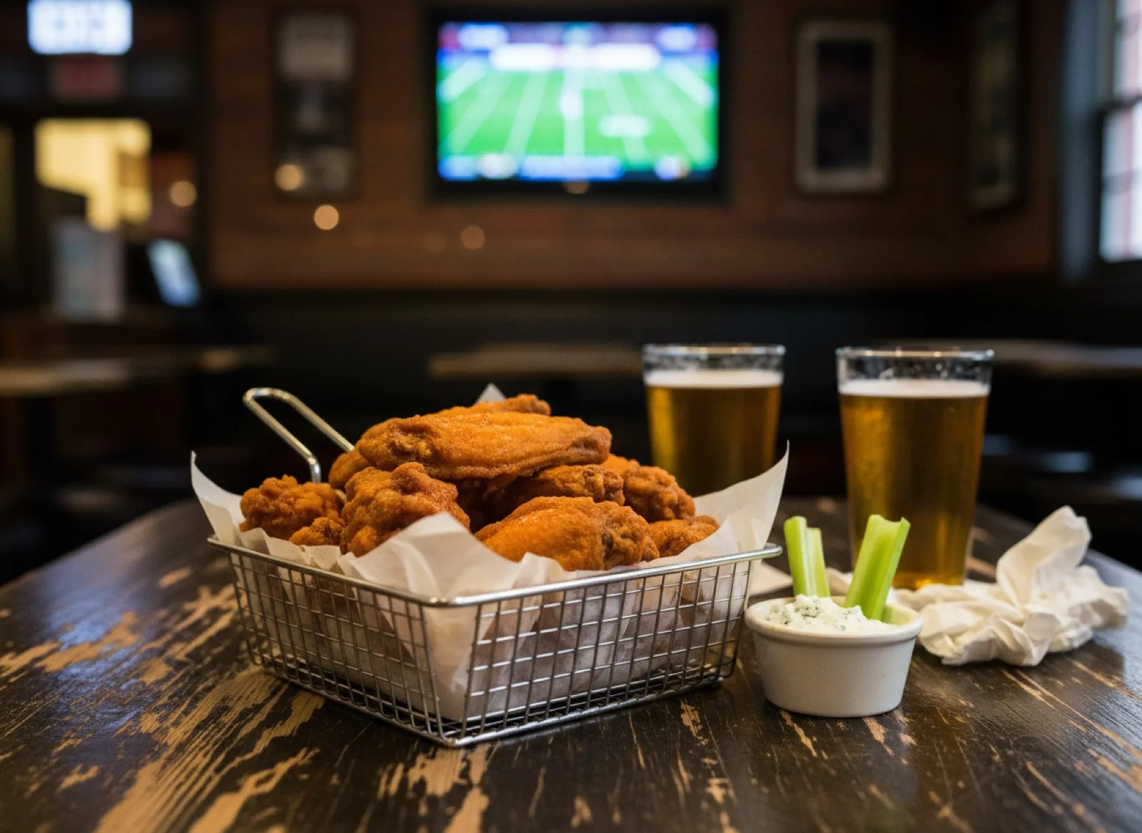 Basket of buffalo wings with blue-cheese dip, celery, and two pints on a dark wood bar table, with a game playing on a TV in the background
