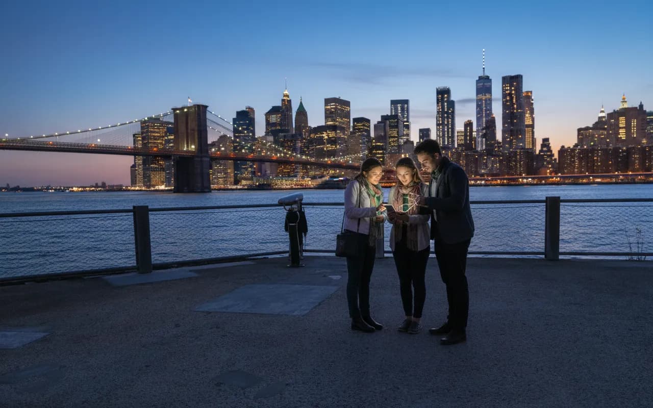 Bright Brooklyn Bridge Park night-sky route with public skyline views