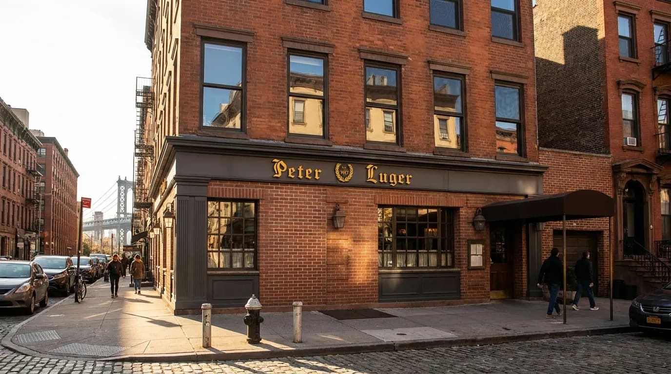 Historic Peter Luger Steakhouse exterior in Williamsburg, Brooklyn
