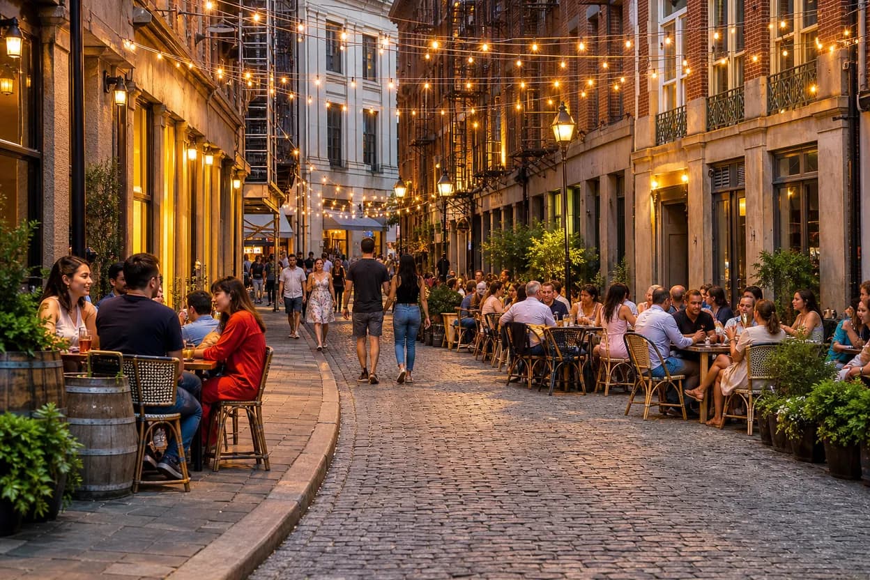 A cobblestone pedestrian street with communal outdoor tables