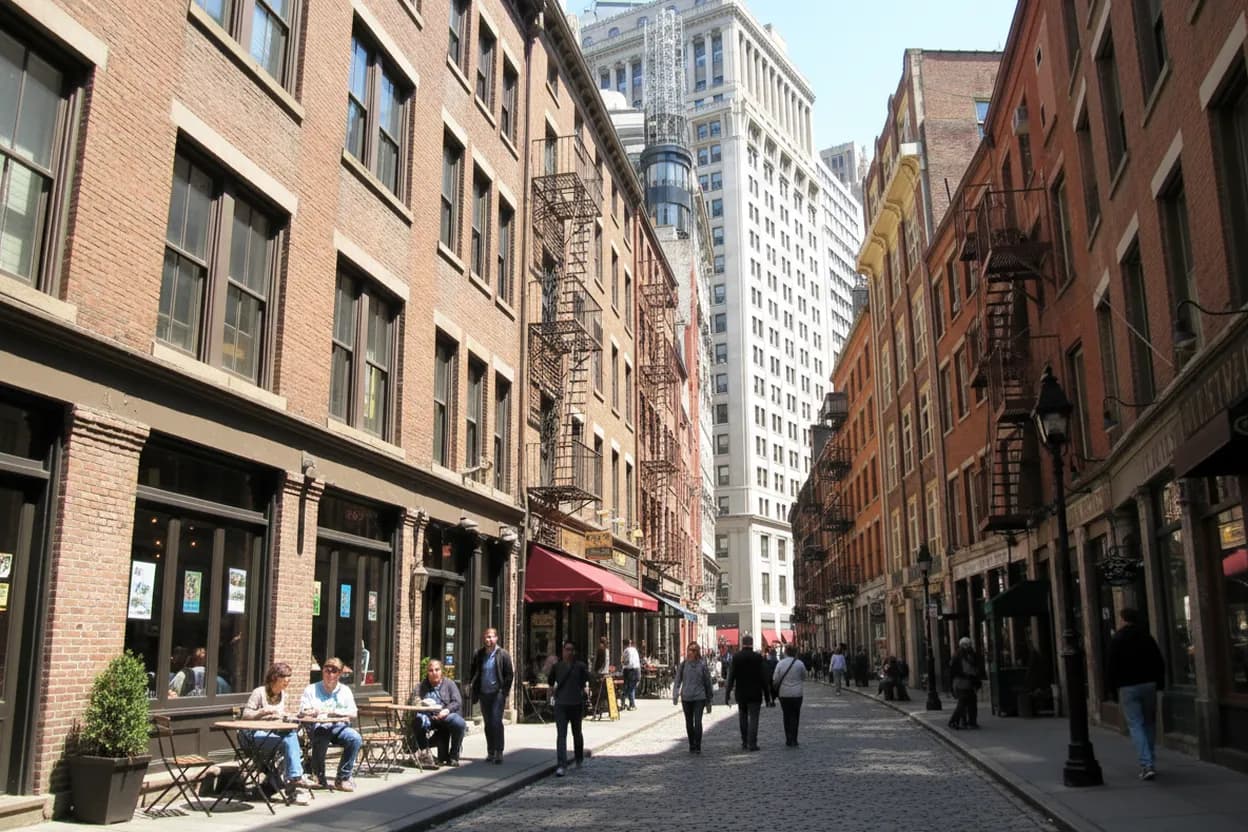 A historic cobblestone lane with cafe tables