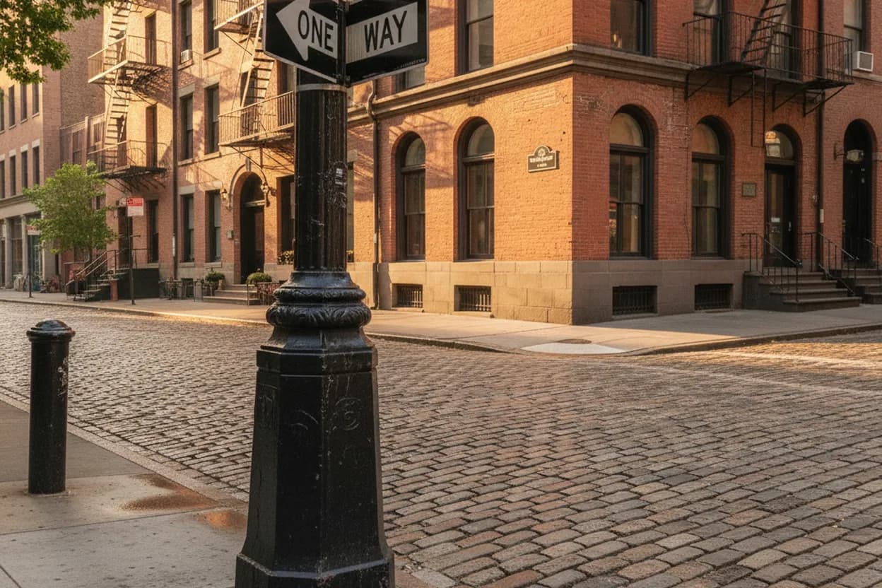 A historic cobblestone street corner in Lower Manhattan
