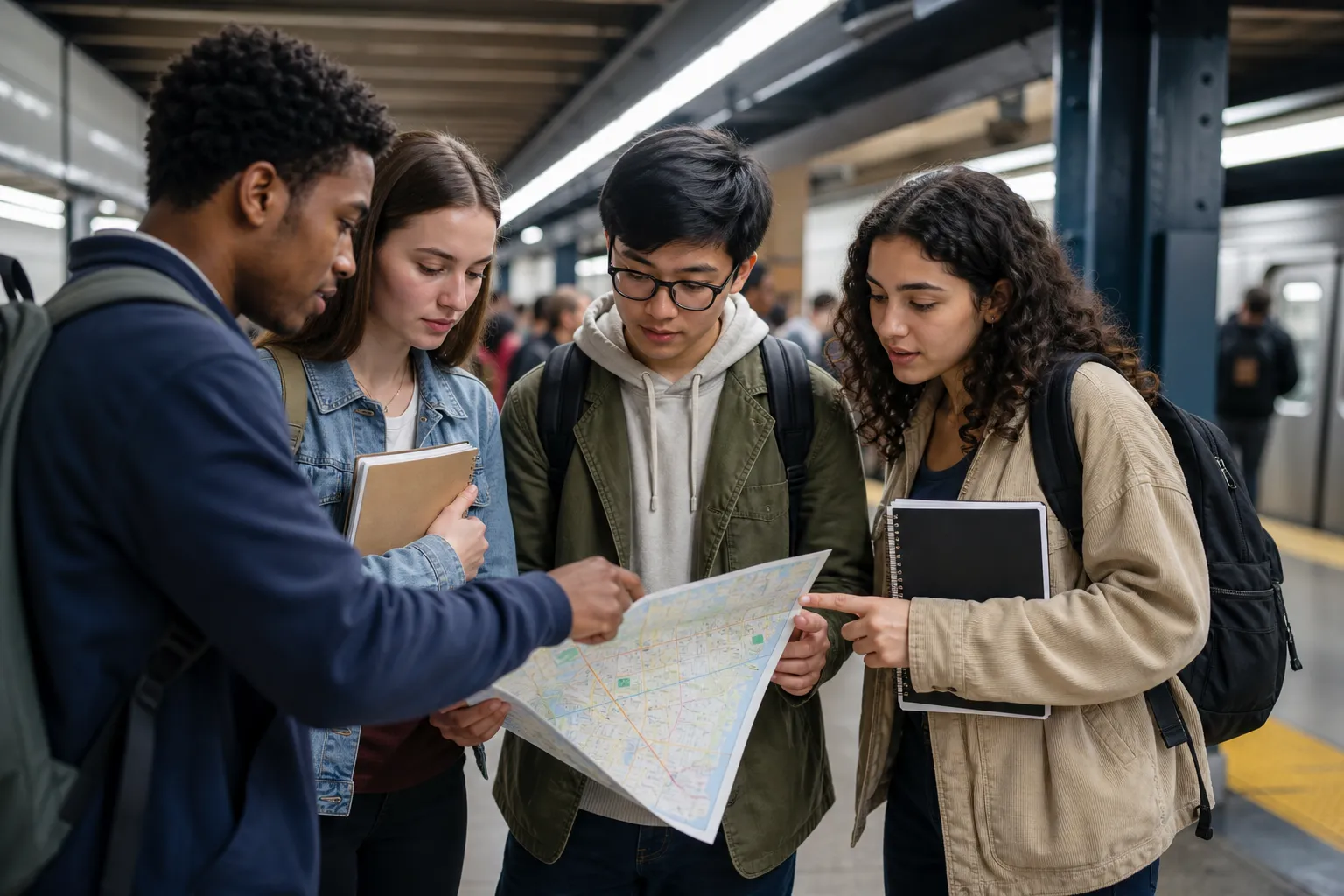 Students planning a campus-to-museum subway route
