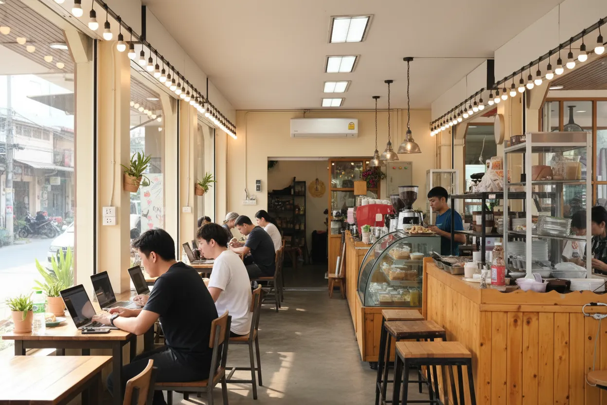 A laptop-friendly cafe on a bright morning