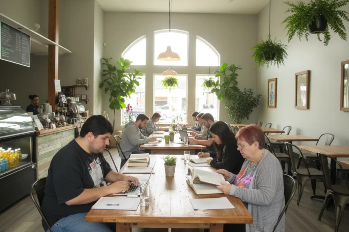 A communal-table cafe good for a long study session