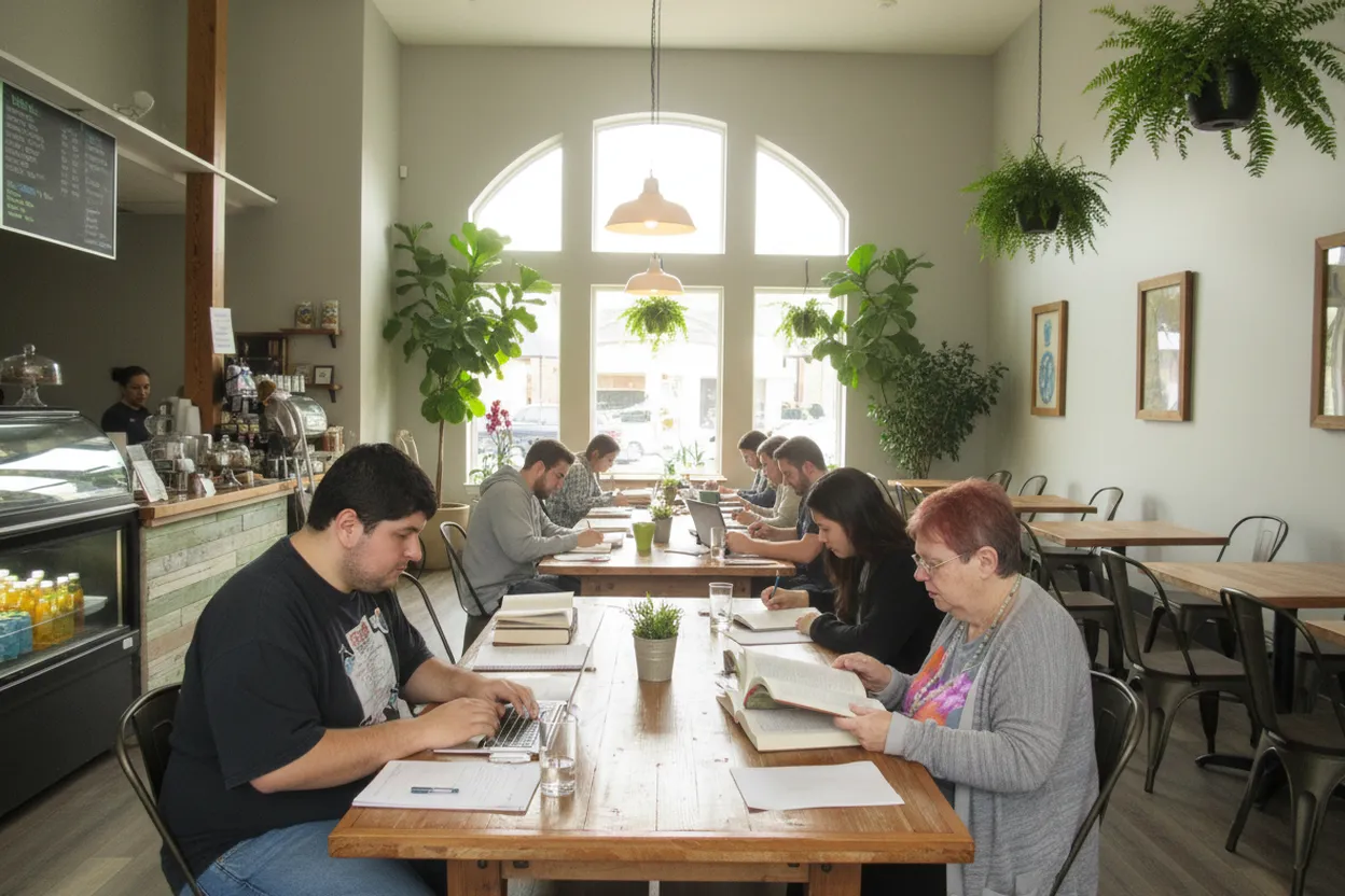 A communal-table cafe good for a long study session