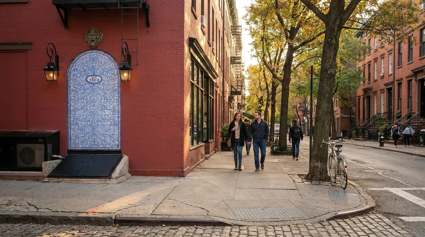 Quiet Greenwich Village street in New York City with brownstones and pedestrians