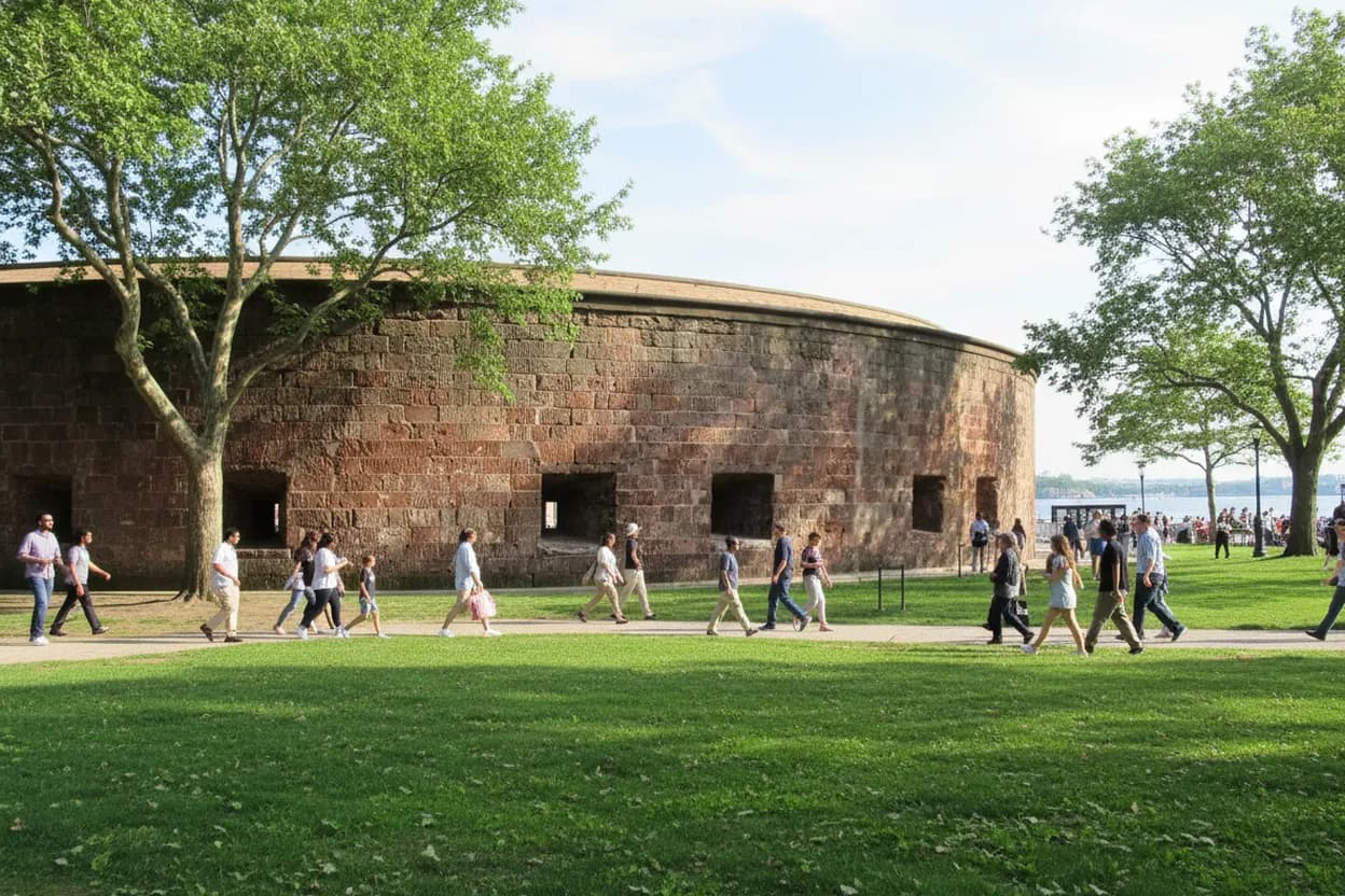 A historic circular stone fort in a harbor park
