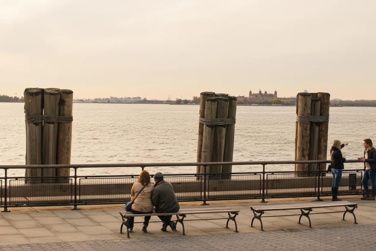 A harbor promenade at the tip of Manhattan