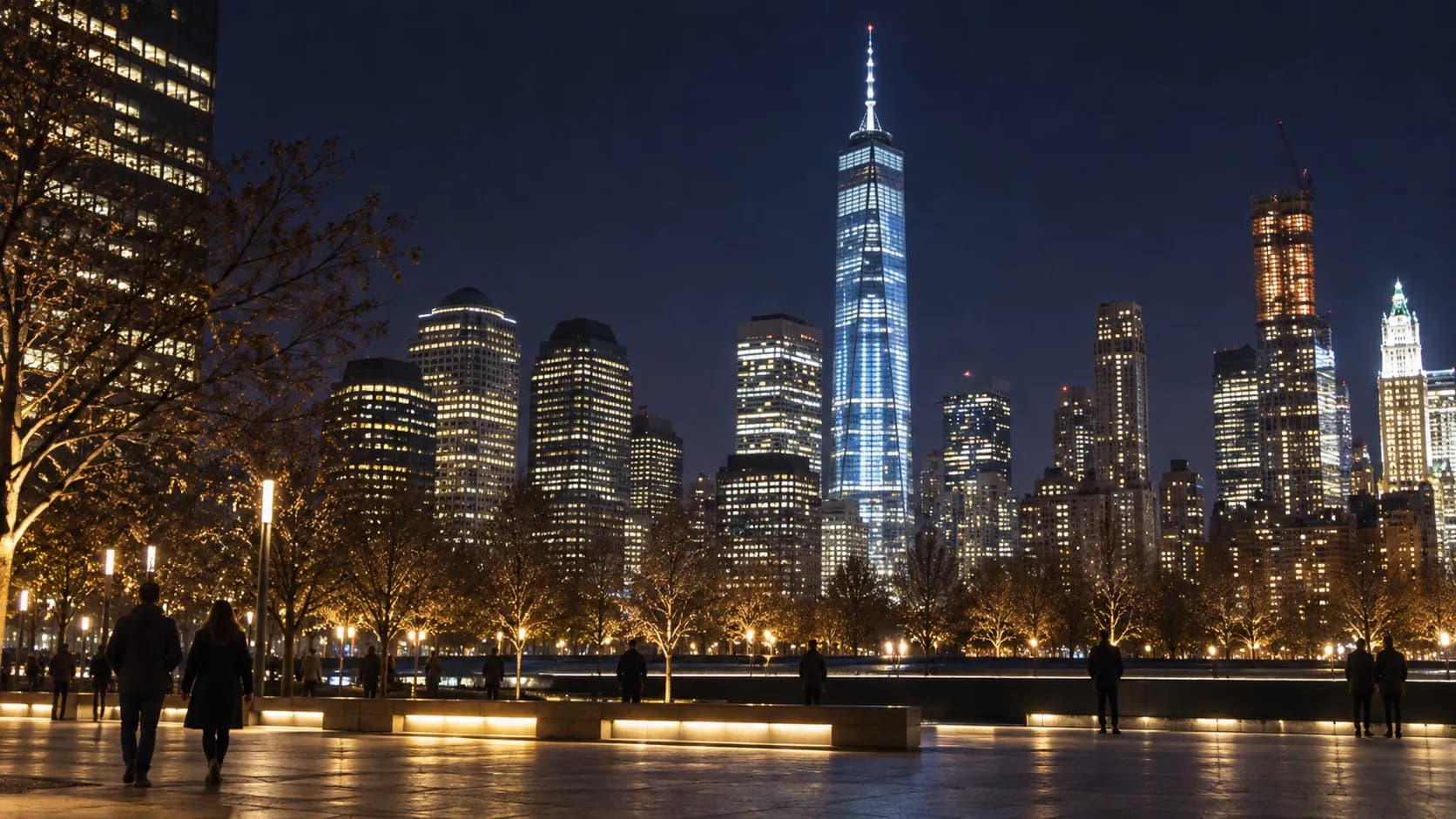 One World Trade Center rises above West Plaza at night, its blue-white glass and steel face lit over quiet horizontal layers of pavement.