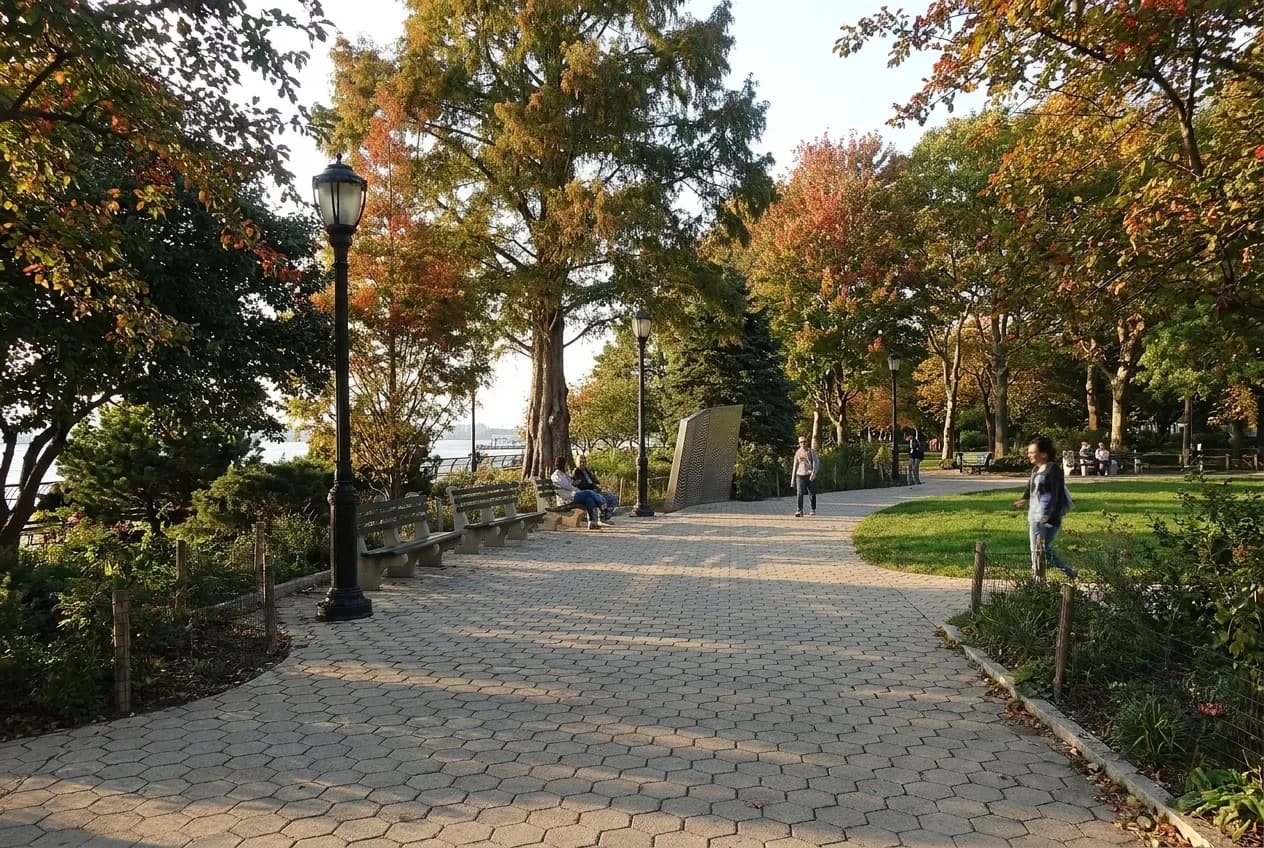 Tree-lined path through a New York City park in early autumn