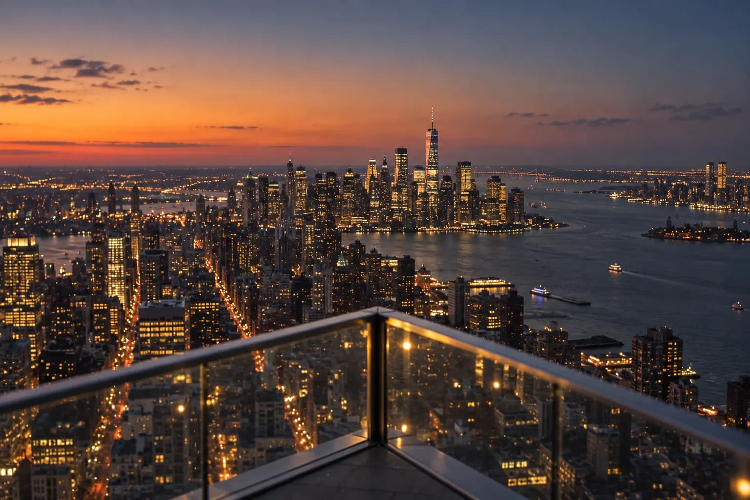 A glass observation deck jutting from a skyscraper above a city at dusk