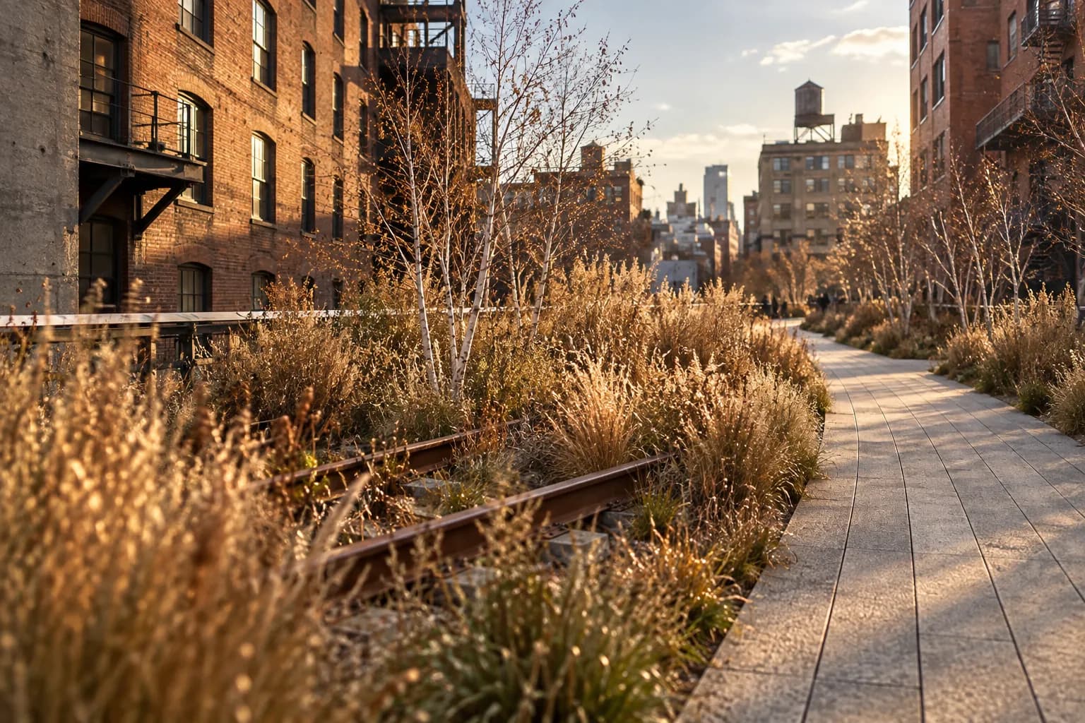 An elevated planted walkway running between city buildings
