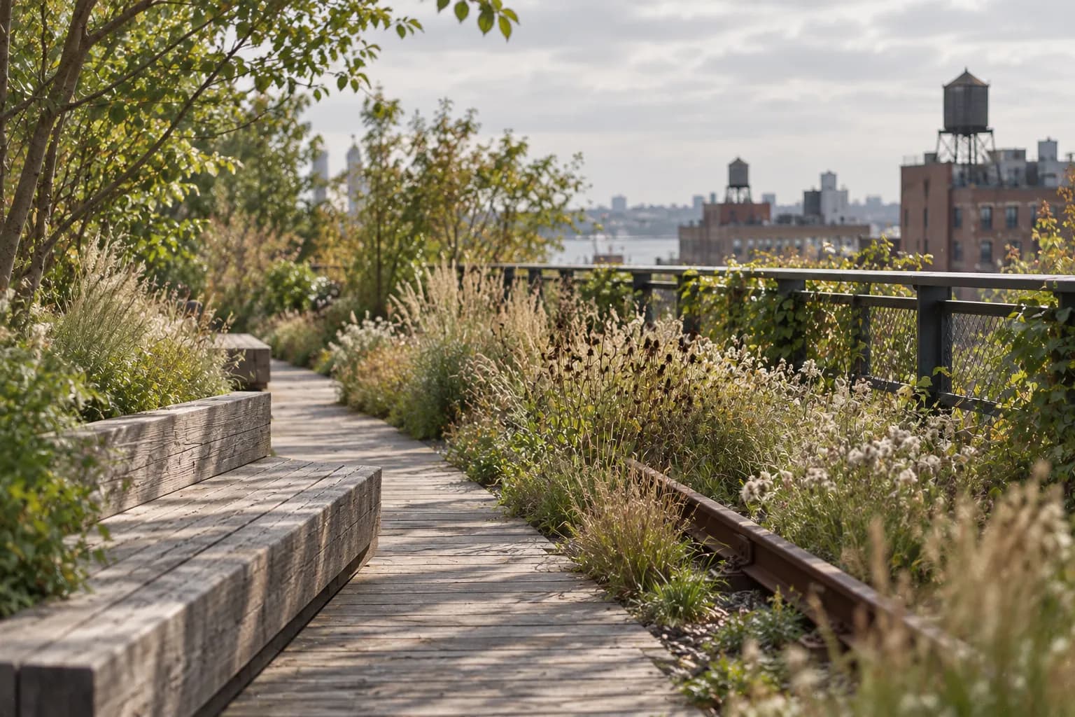 A planted path on an old railway viaduct with grasses and benches