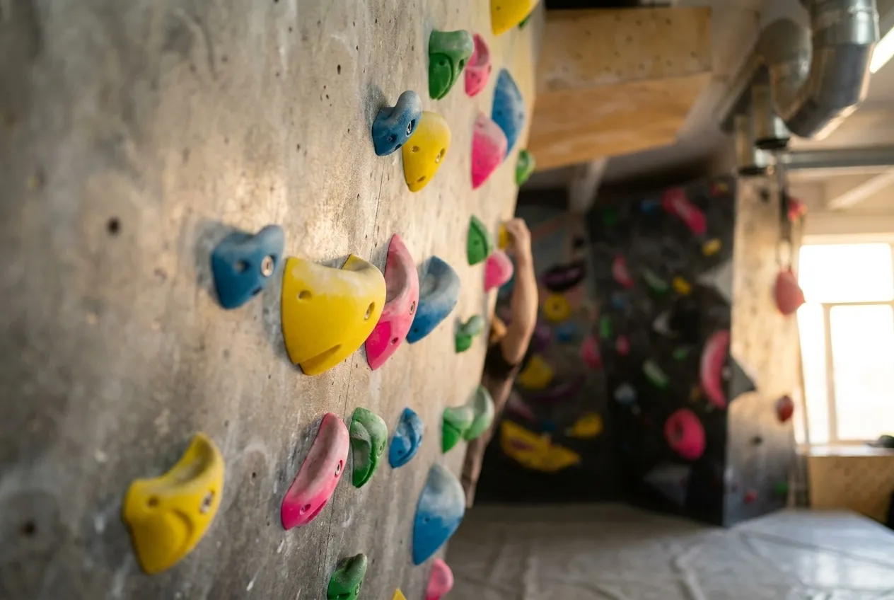 Colour-graded holds on an indoor bouldering wall