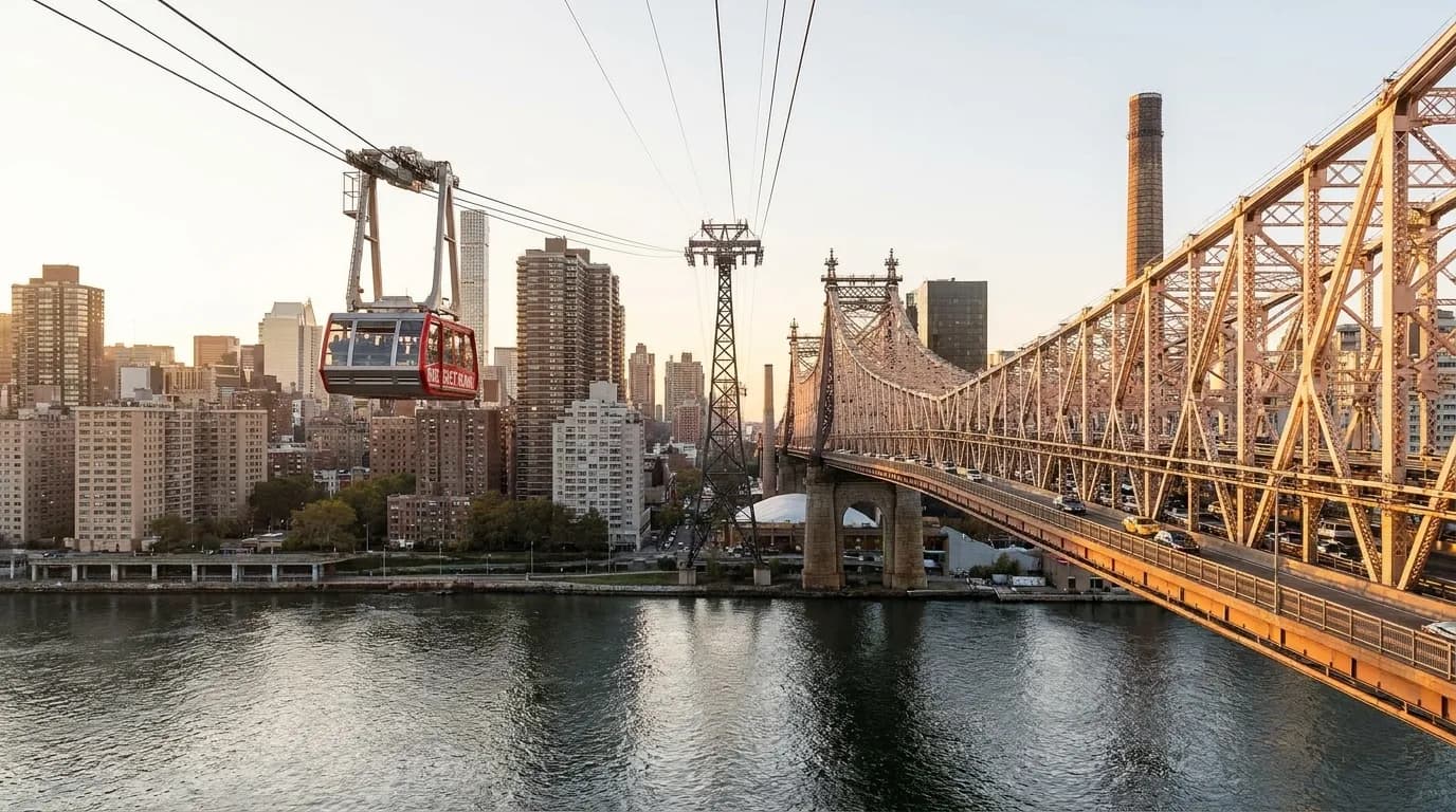 Roosevelt Island Tramway cable car ascending over the East River with Manhattan skyline in background