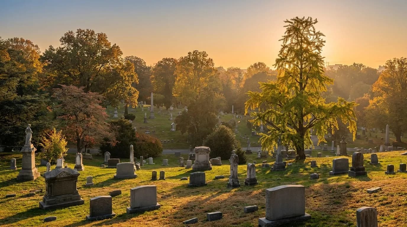 Green-Wood Cemetery rolling hills with historic monuments and mature trees