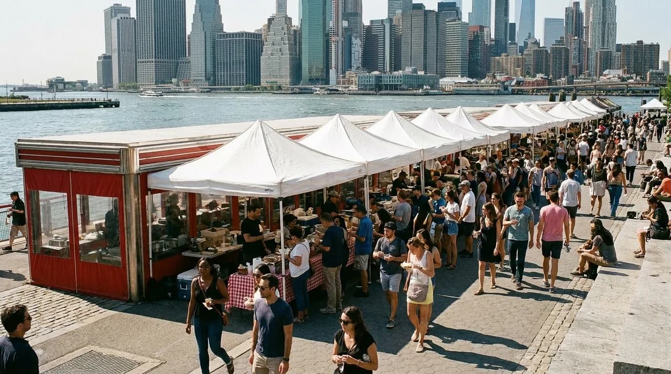 Outdoor food market stalls along the East River waterfront in Williamsburg with Manhattan skyline in background