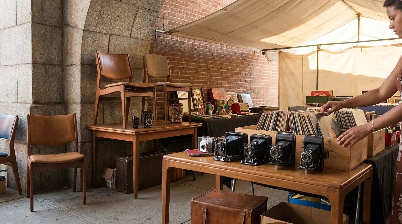 Vintage furniture and antique goods displayed at Brooklyn Flea market stalls in DUMBO