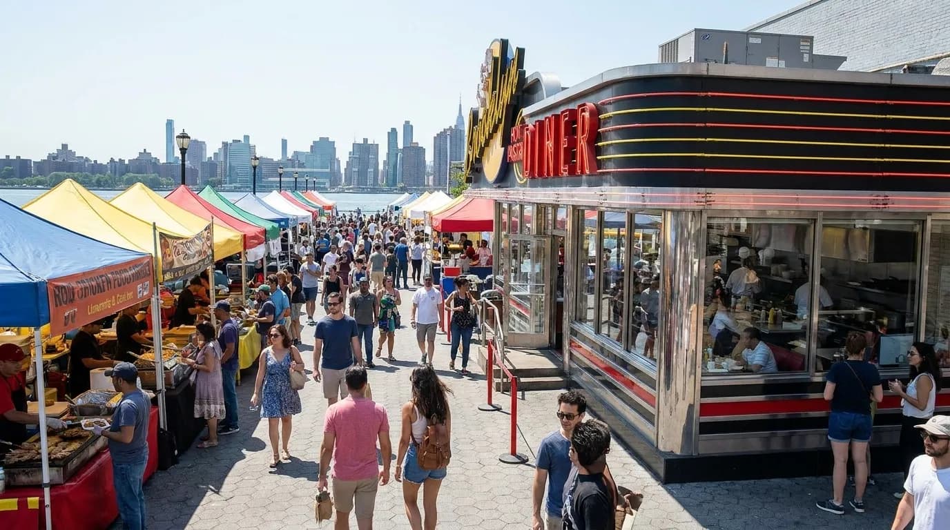 Crowds browsing food vendors at Smorgasburg market along the Williamsburg waterfront