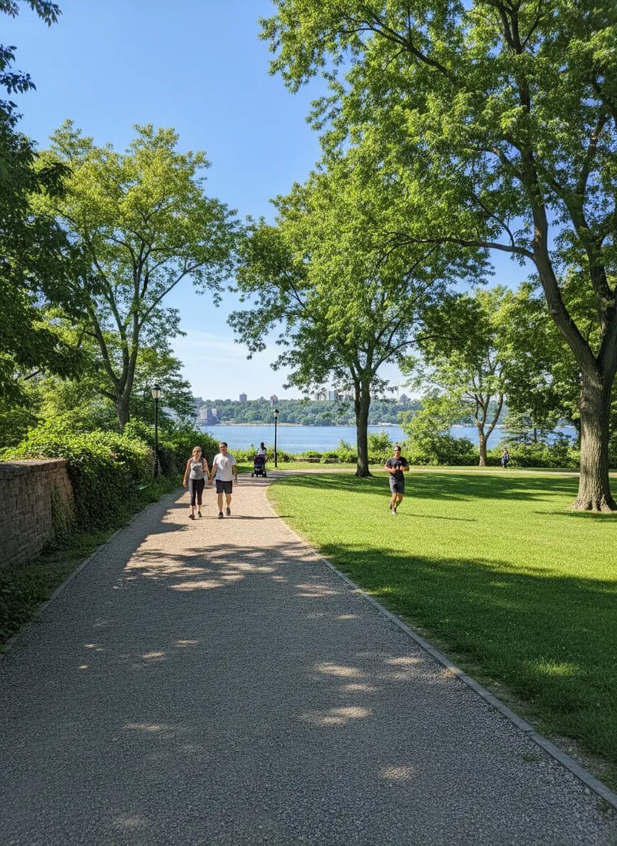 Sunny Fort Tryon public hill start for a Three Peaks-style NYC walk