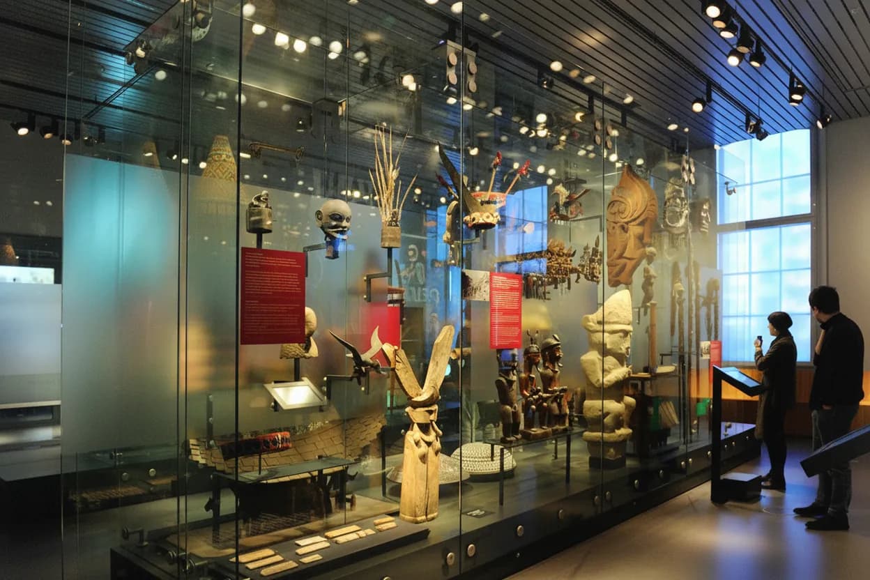 A glass display case of everyday objects for an odd-collections route
