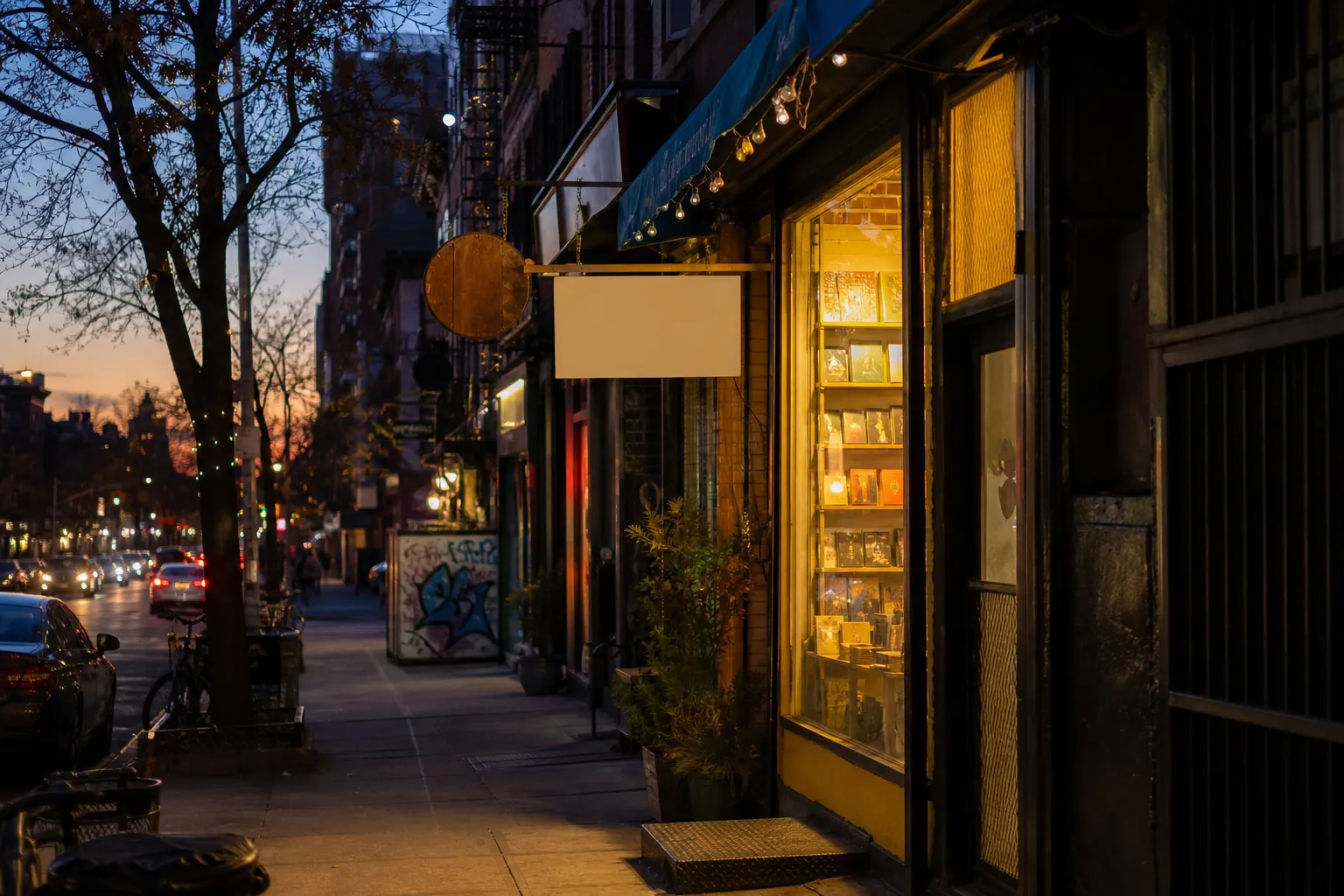 Narrow East Village storefronts glowing at dusk on a quiet Manhattan block