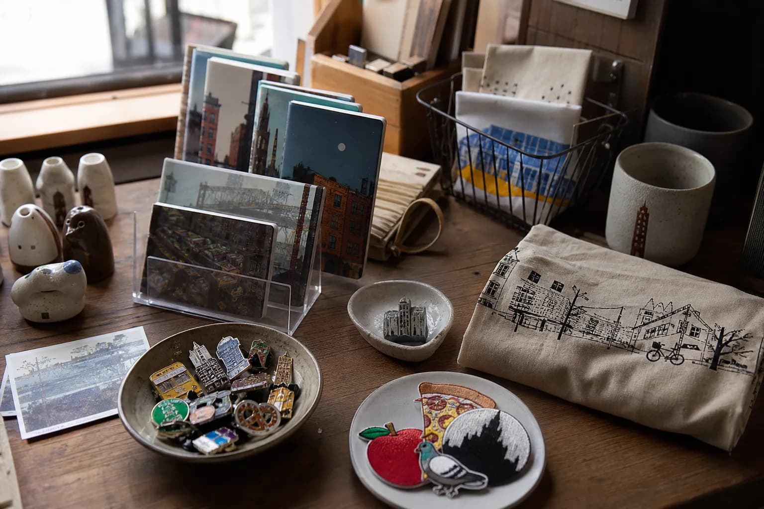 Small pile of strange souvenirs arranged on a shop tabletop