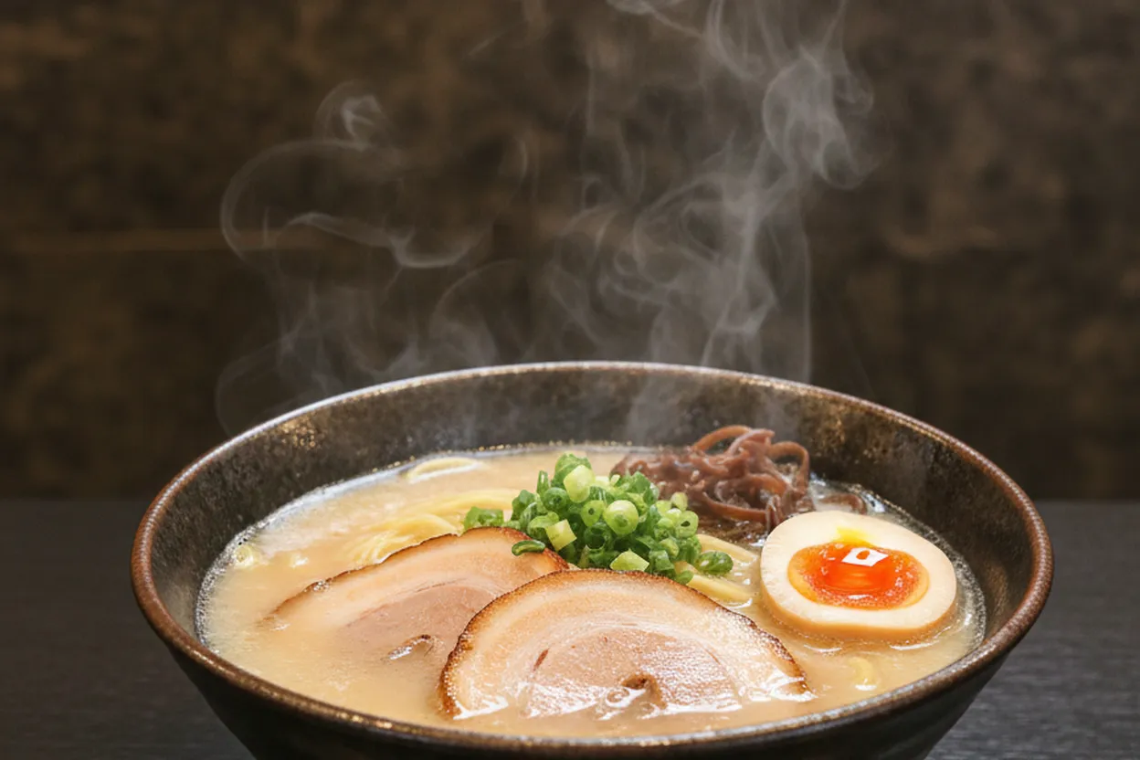A steaming bowl of tonkotsu ramen