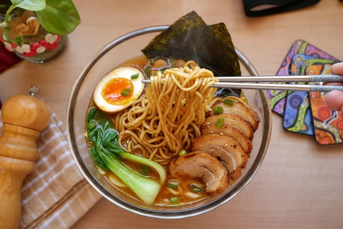 Ramen noodles lifted from a bowl at a NYC shop