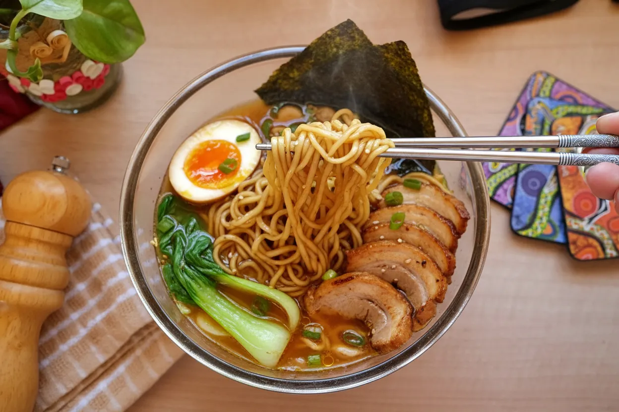 Ramen noodles lifted from a bowl at a NYC shop