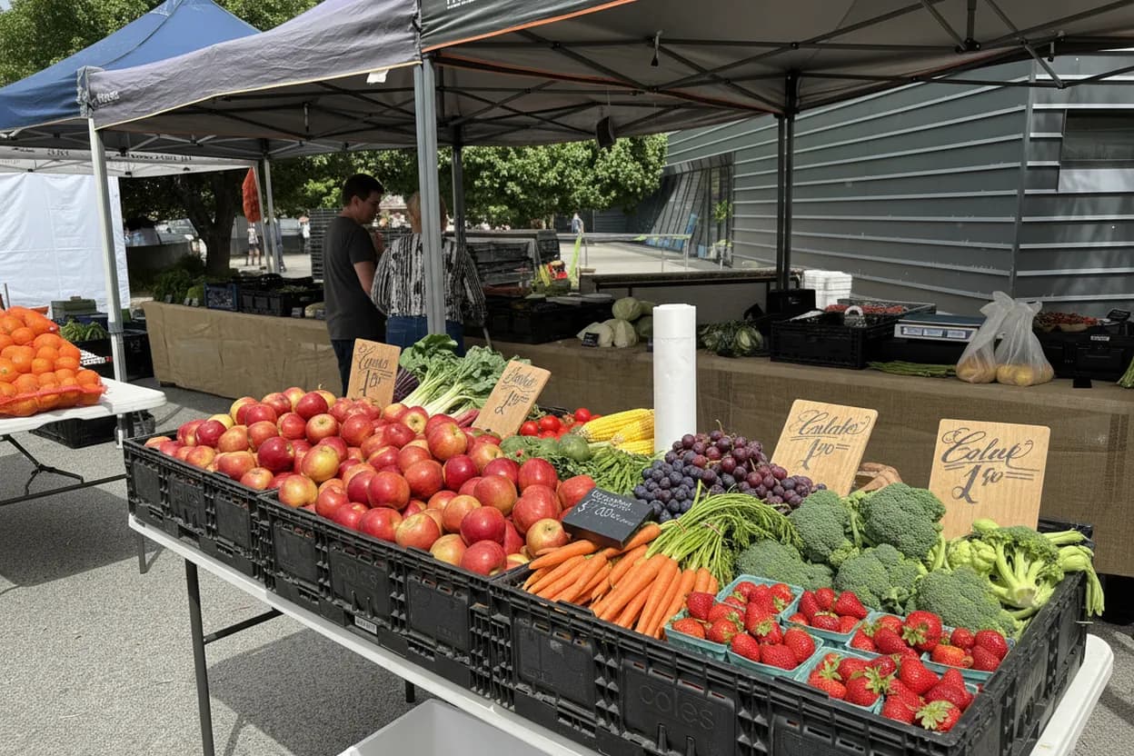 A colorful farm stand of seasonal produce