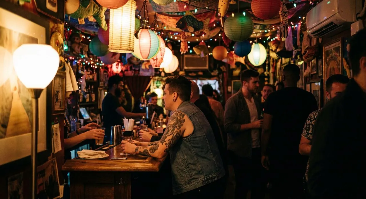 A tiny bar interior with a ceiling completely crammed with colorful paper lanterns and kitsch