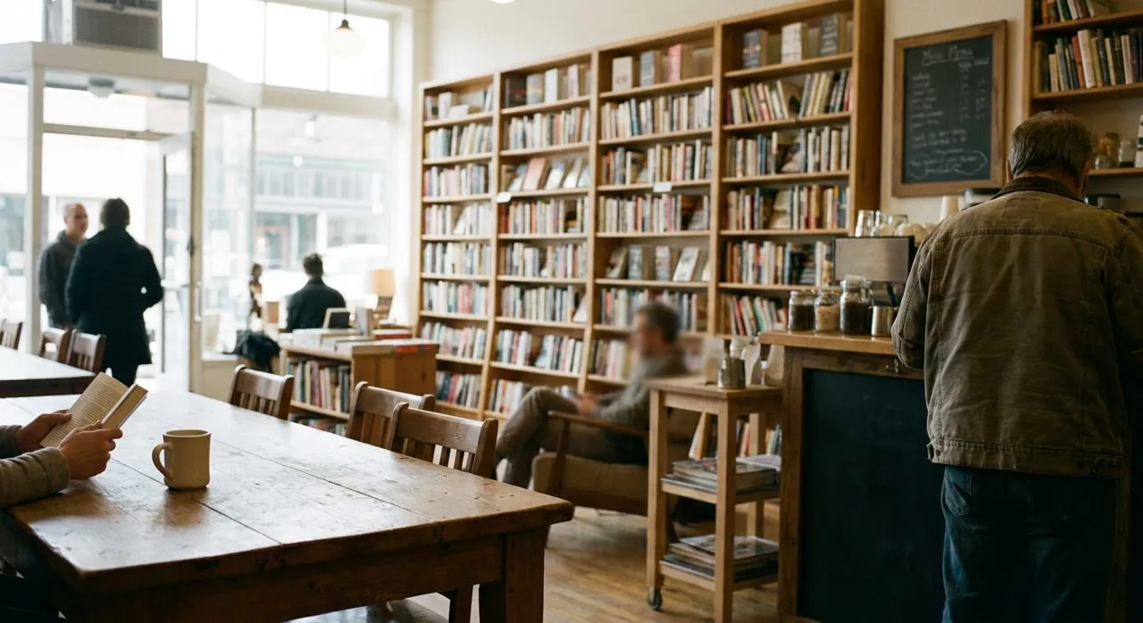 A cozy independent bookstore-cafe by day with packed wooden shelves and a small coffee counter