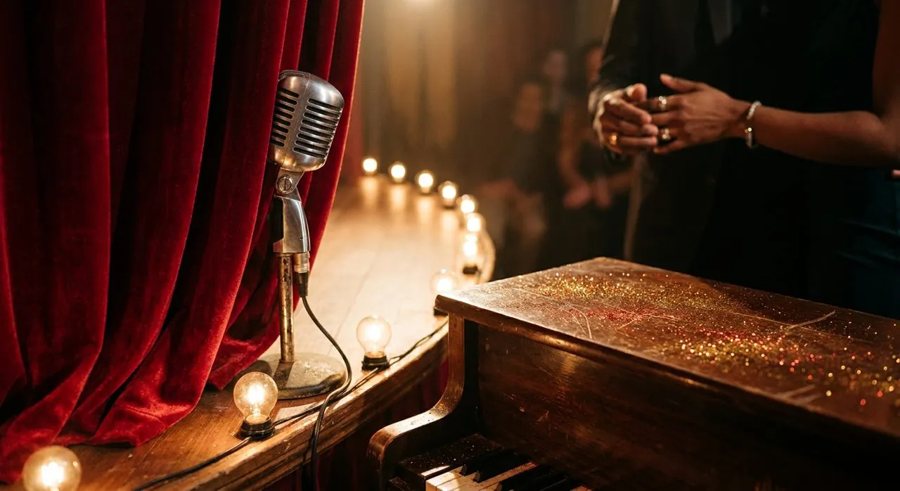 A tiny cabaret stage corner with a vintage microphone under a warm spotlight and red velvet curtain