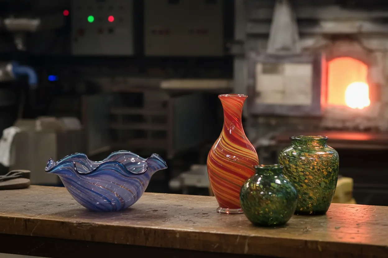 Colorful handblown glass vessels in a Brooklyn studio