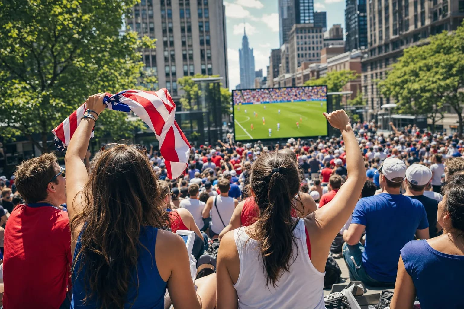 Bright public soccer watch party scene in NYC