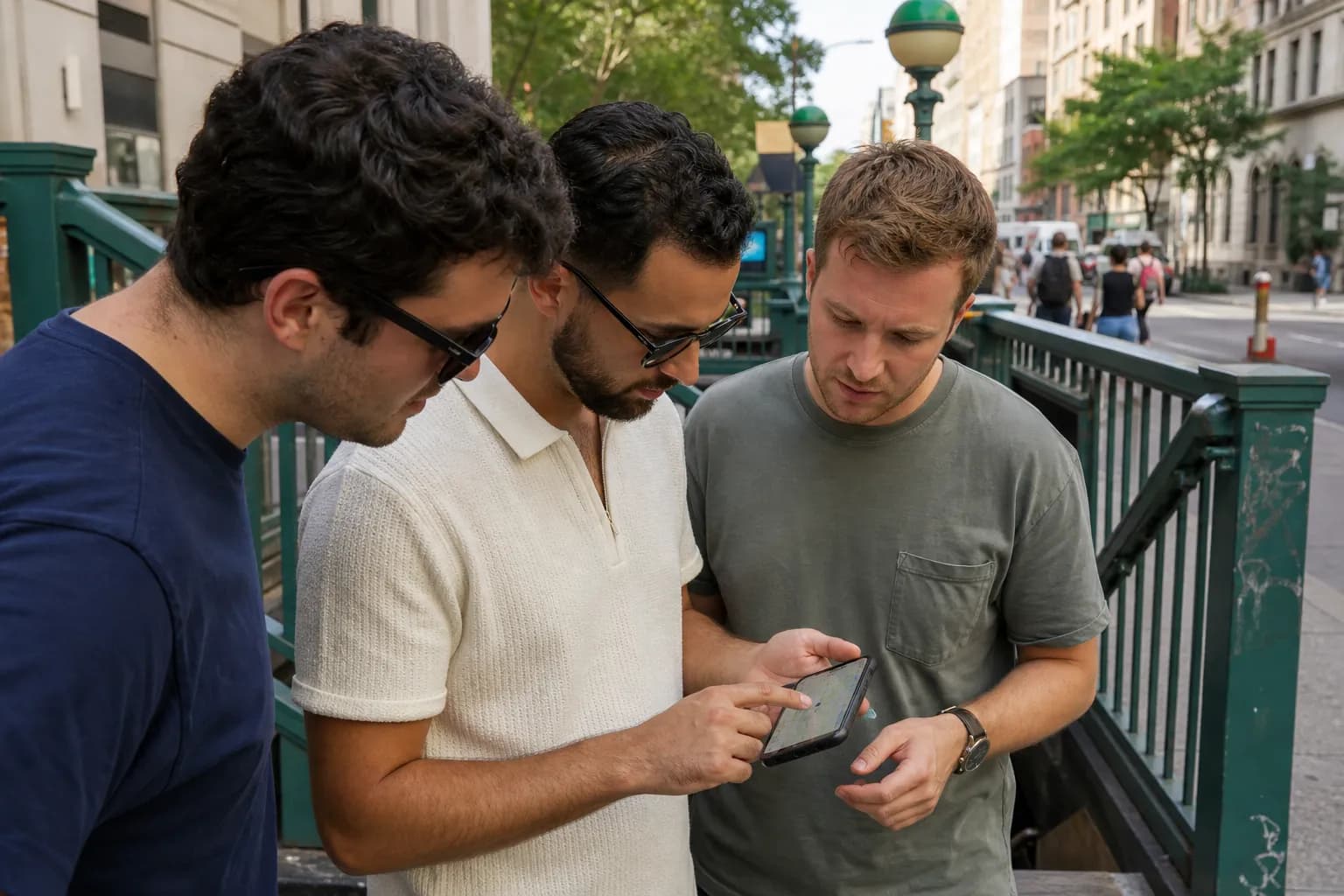 Friends checking a backup soccer watch route near a subway entrance