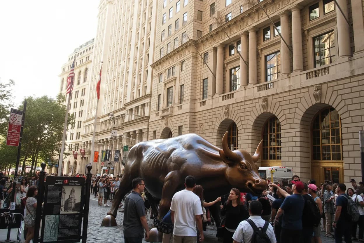 A bronze charging bull statue with a crowd in Lower Manhattan