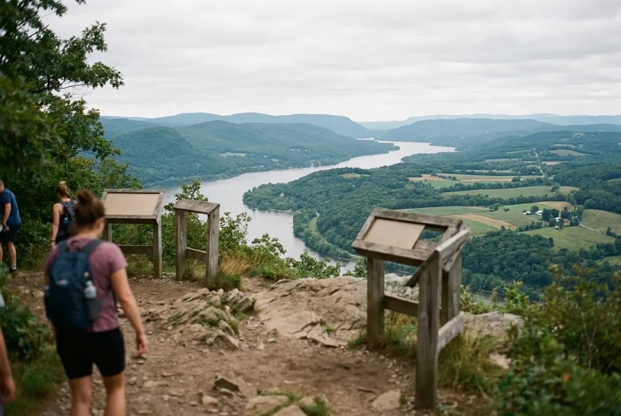 The Hudson opening out below a ridge trail, hills stacked into the distance