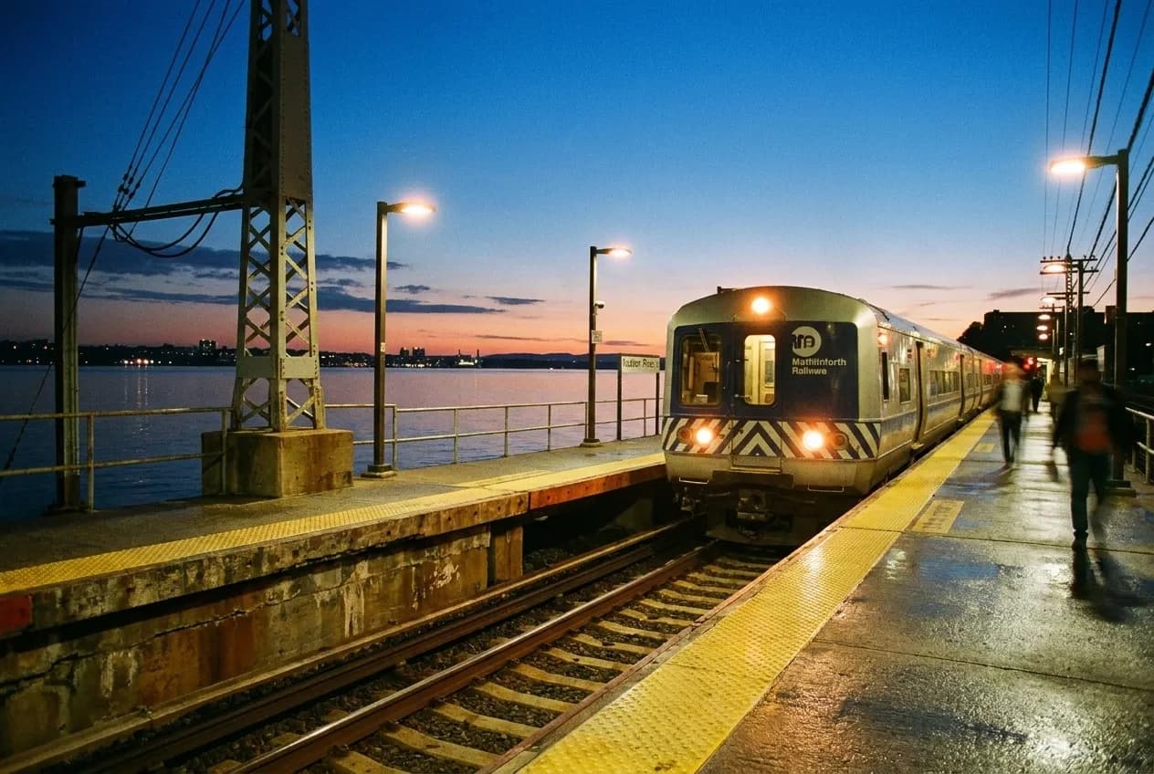 Small commuter railway platform beside the Hudson River