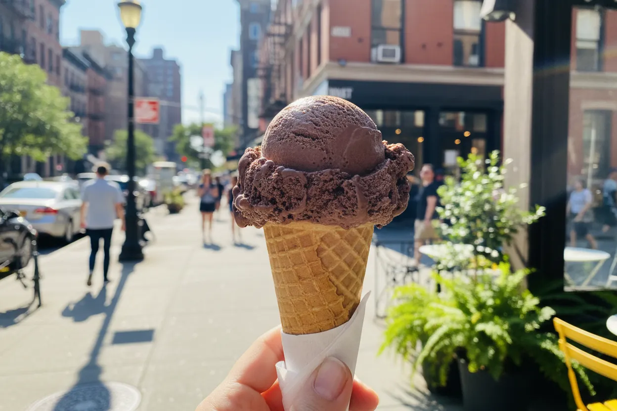 A dark chocolate ice cream cone on a summer street