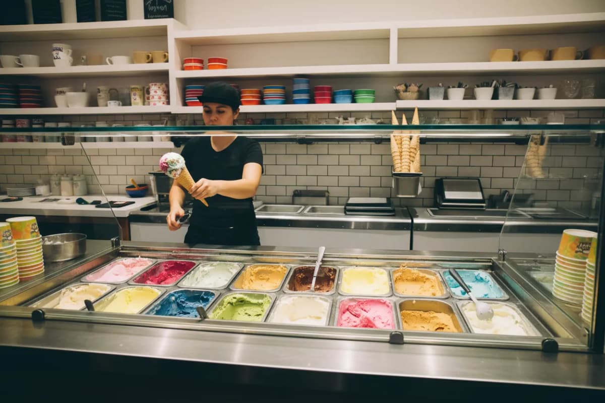 A colorful ice cream parlor counter downtown